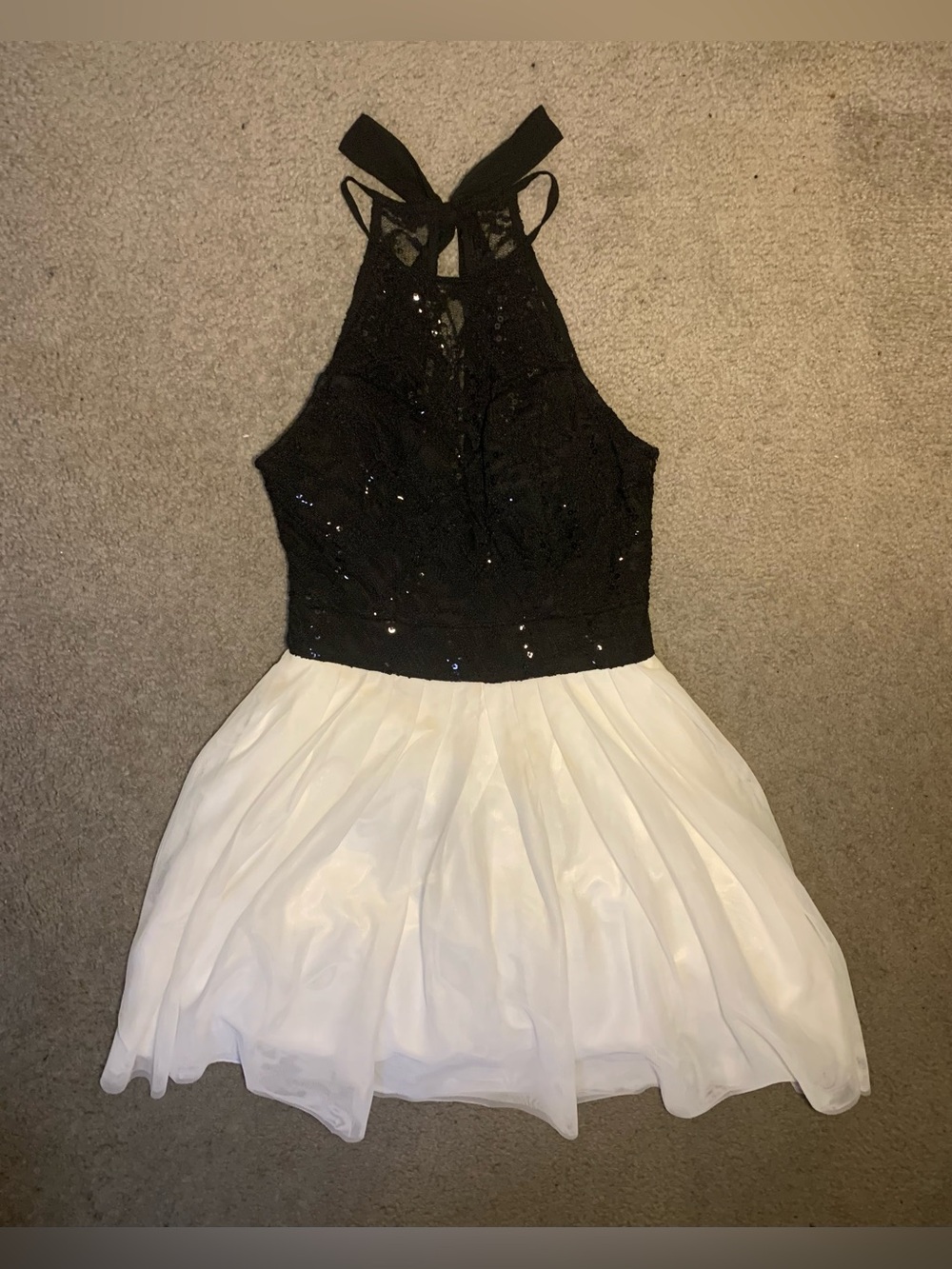 B Darlin Black Sequin Halter Top with White Skirt Kids Dress